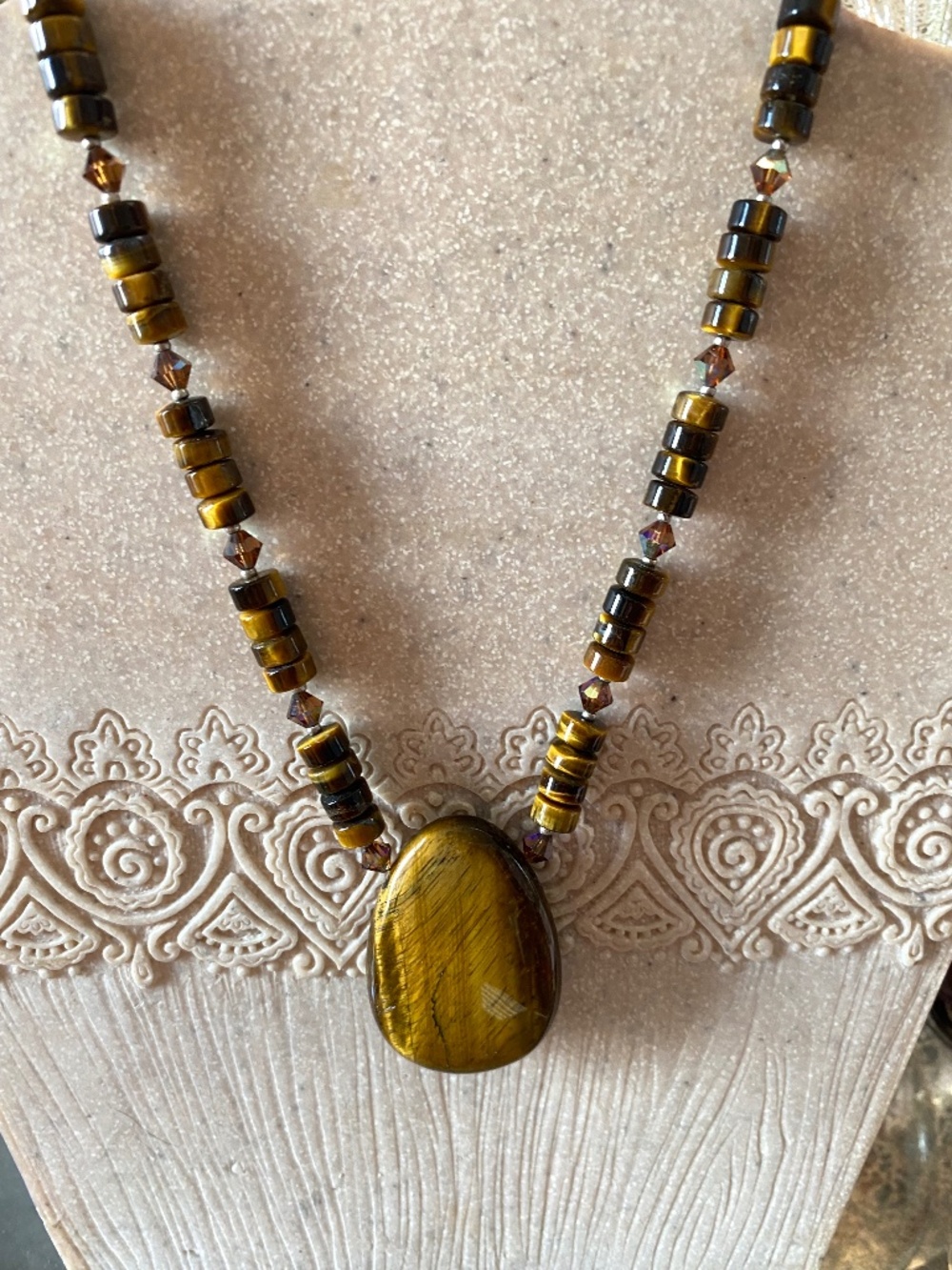 VINTAGE TIGER EYE GENUINE STONE JEWELRY NECKLACE SET - HANDMADE